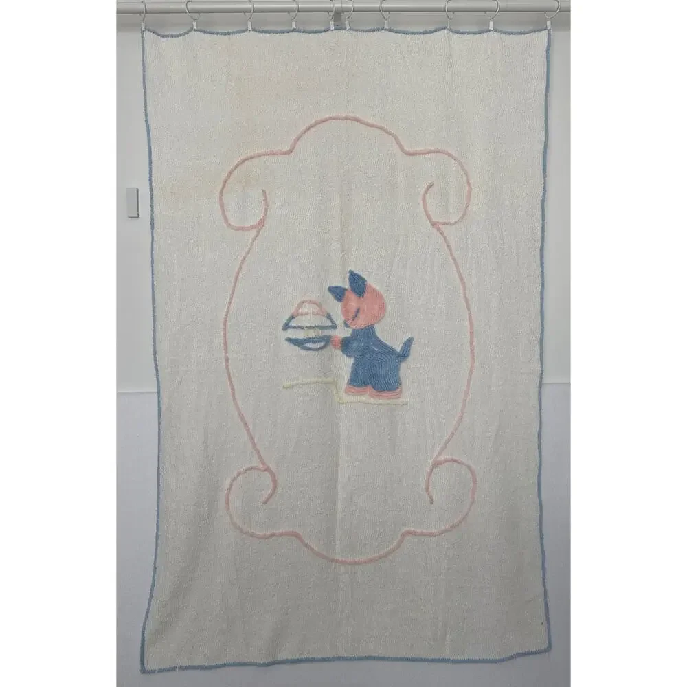 Vintage 1940s–1950s Baby Chenille Crib Blanket 40x61 Blue Pink Kitten Nursery
